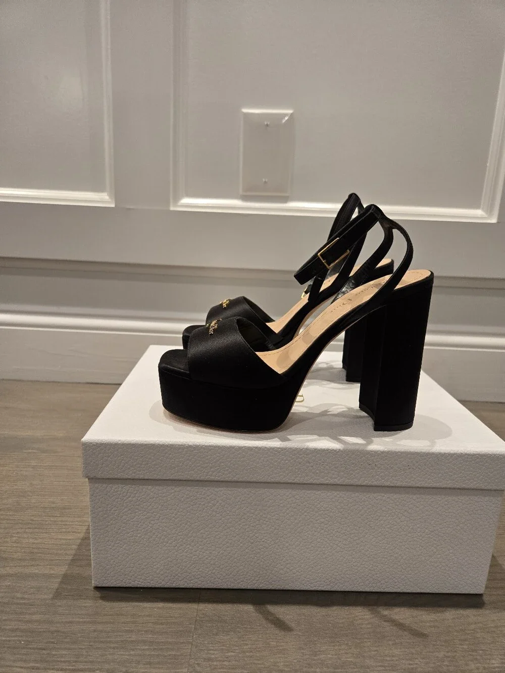 $1,300 Dior D-Lane Logo Heeled Platform Sandal Silk Black EU 37 US 7 BNIB